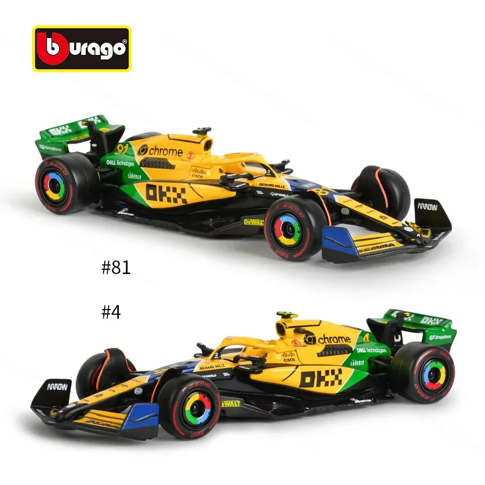 Bburago 1:43 McLaren Monaco Grand Prix diecast model featuring #4 Lando Norris and #81 Daniel Ricciardo, 2024 F1 collectible.