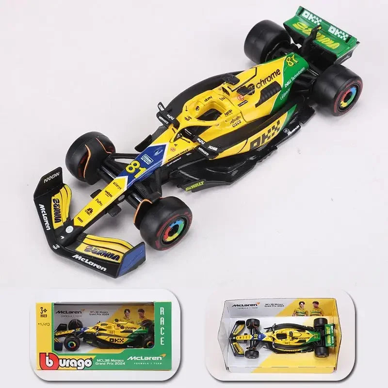 Bburago 1:43 McLaren Monaco Grand Prix diecast model featuring #4 Lando Norris and #81 Daniel Ricciardo, 2024 F1 collectible.