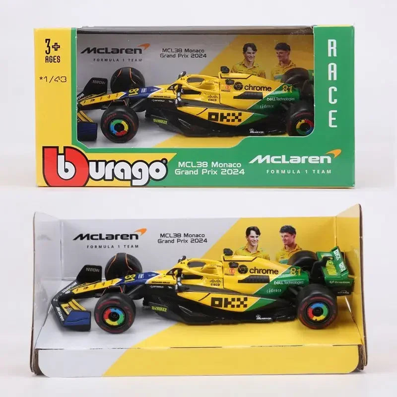 Bburago 1:43 McLaren Monaco Grand Prix diecast model featuring #4 Lando Norris and #81 Daniel Ricciardo, 2024 F1 collectible.