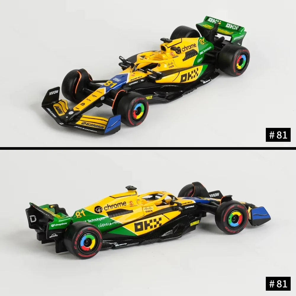 Bburago 1:43 McLaren Monaco Grand Prix diecast model featuring #4 Lando Norris and #81 Daniel Ricciardo, 2024 F1 collectible.