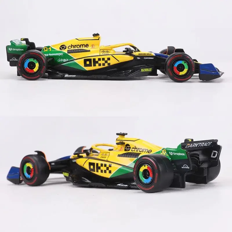 Bburago 1:43 McLaren Monaco Grand Prix diecast model featuring #4 Lando Norris and #81 Daniel Ricciardo, 2024 F1 collectible.